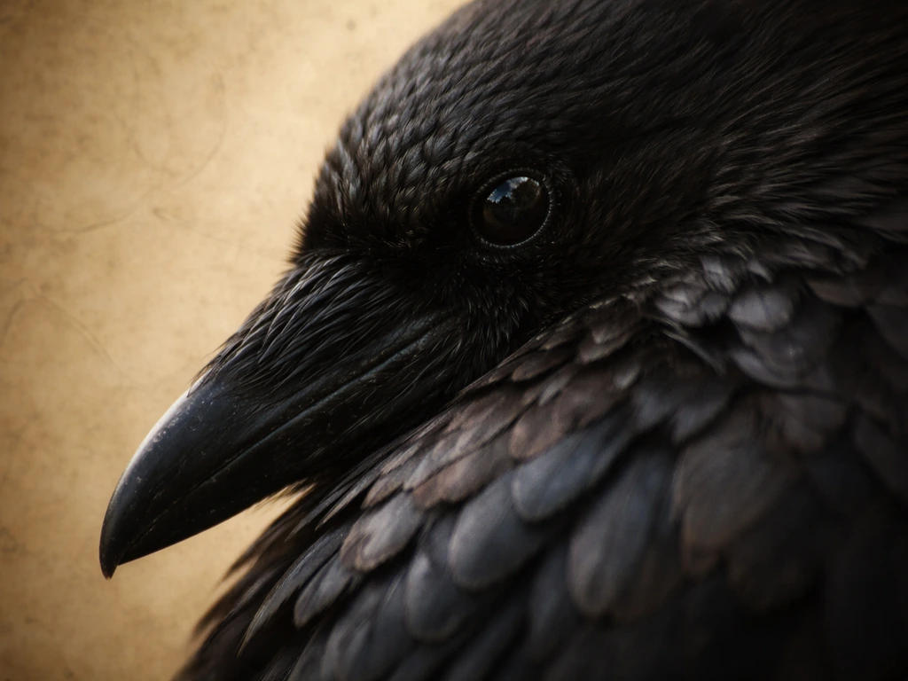 Close-up of raven feathers and eye with aged parchment background and faint fossil-like lines for ancient symbolism