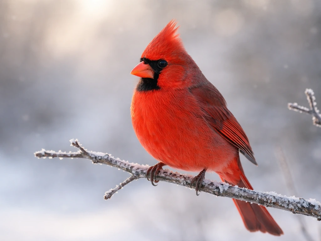 A Northern cardinal perched on a winter branch in soft daylight with a snowy blurred background.