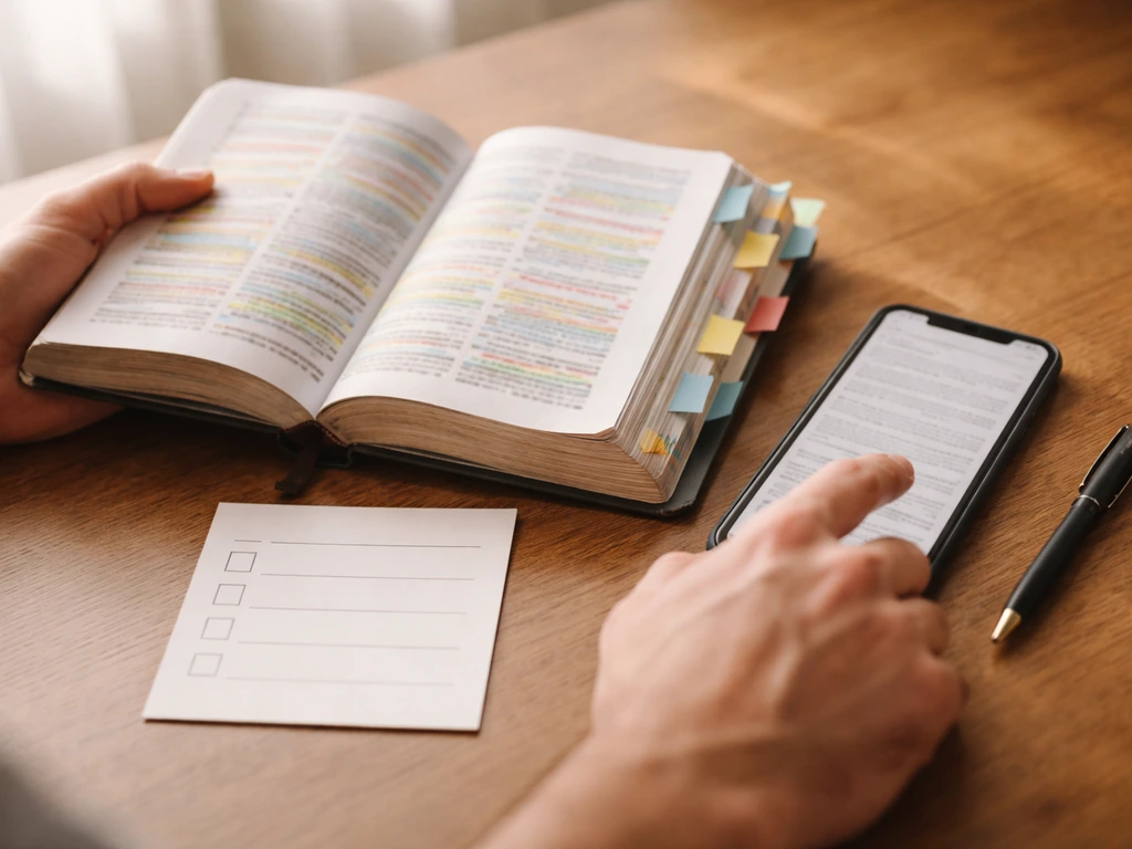 Hands comparing a cited Bible verse with bookmarked passages and a phone Bible app on a desk