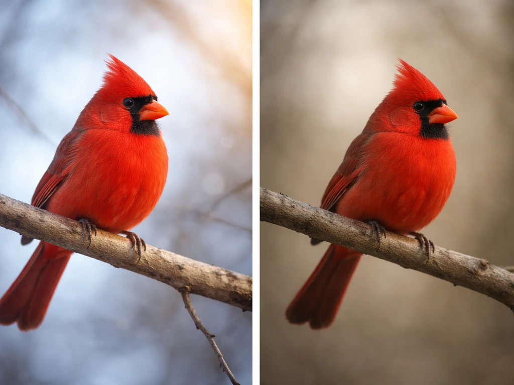 Two-panel photo: a red cardinal on a branch in warm left tone and a calmer right tone for comparison.