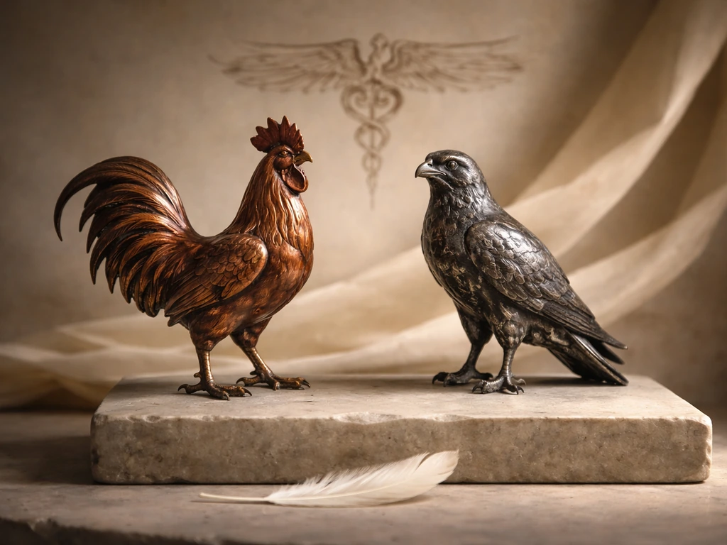 Bronze rooster and hawk on a stone pedestal with subtle Greek wing motifs in the background.