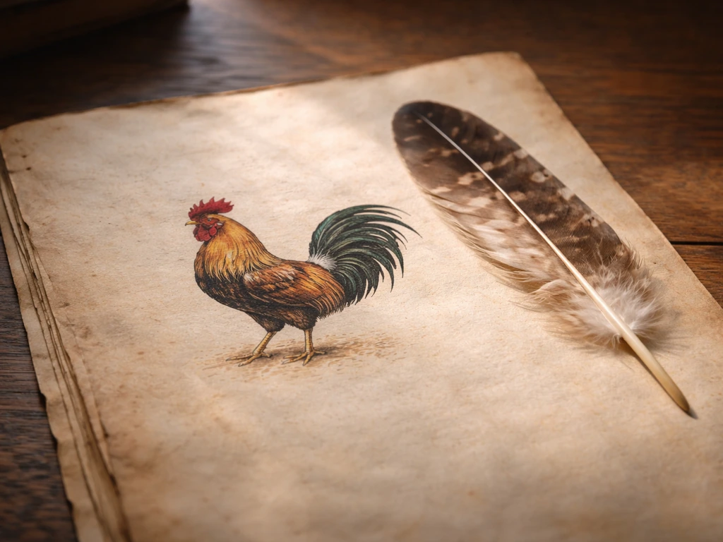 Close-up of an antique rooster illustration beside a hawk feather on a museum manuscript page