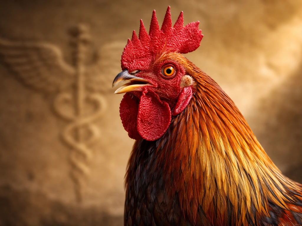 Golden-bronze rooster close-up with a softly blurred winged Hermes-like motif in the background.