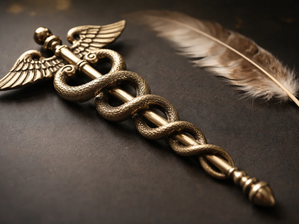 Close-up of a caduceus wand with wing details and a hawk feather motif on a dark surface.