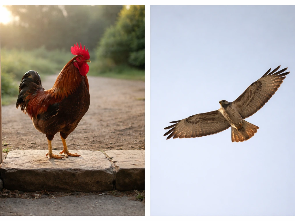 Brown rooster on a stone threshold on the left, hawk flying in the sky on the right.