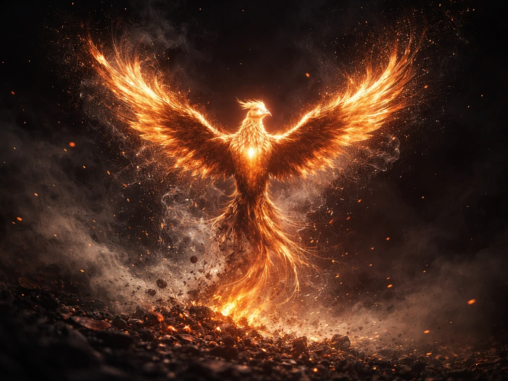 Phoenix rising from swirling embers and ash, forming a radiant silhouette against a dark mythic backdrop.