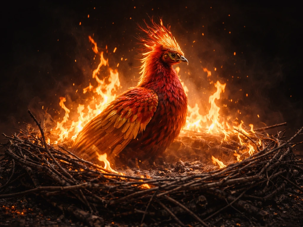 Mythic phoenix perched in a fiery ash nest, flames and glowing embers suggesting rebirth.