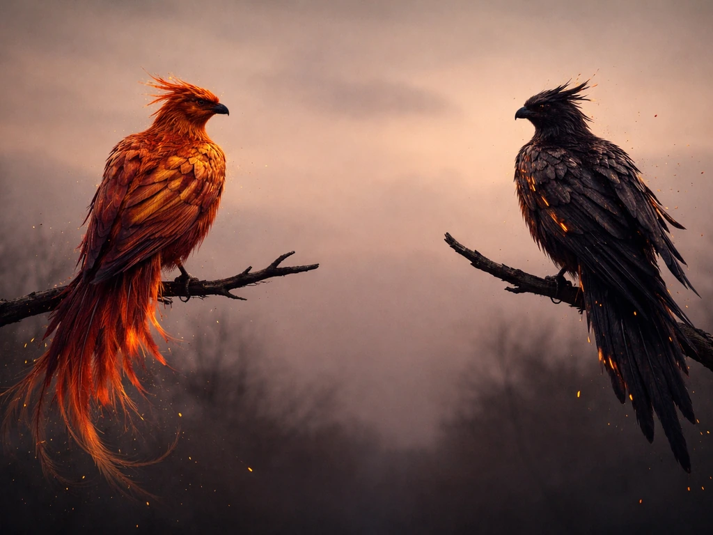 Two myth-inspired birds made of ember-red and smoky feathers perched on bare branches at dusk.