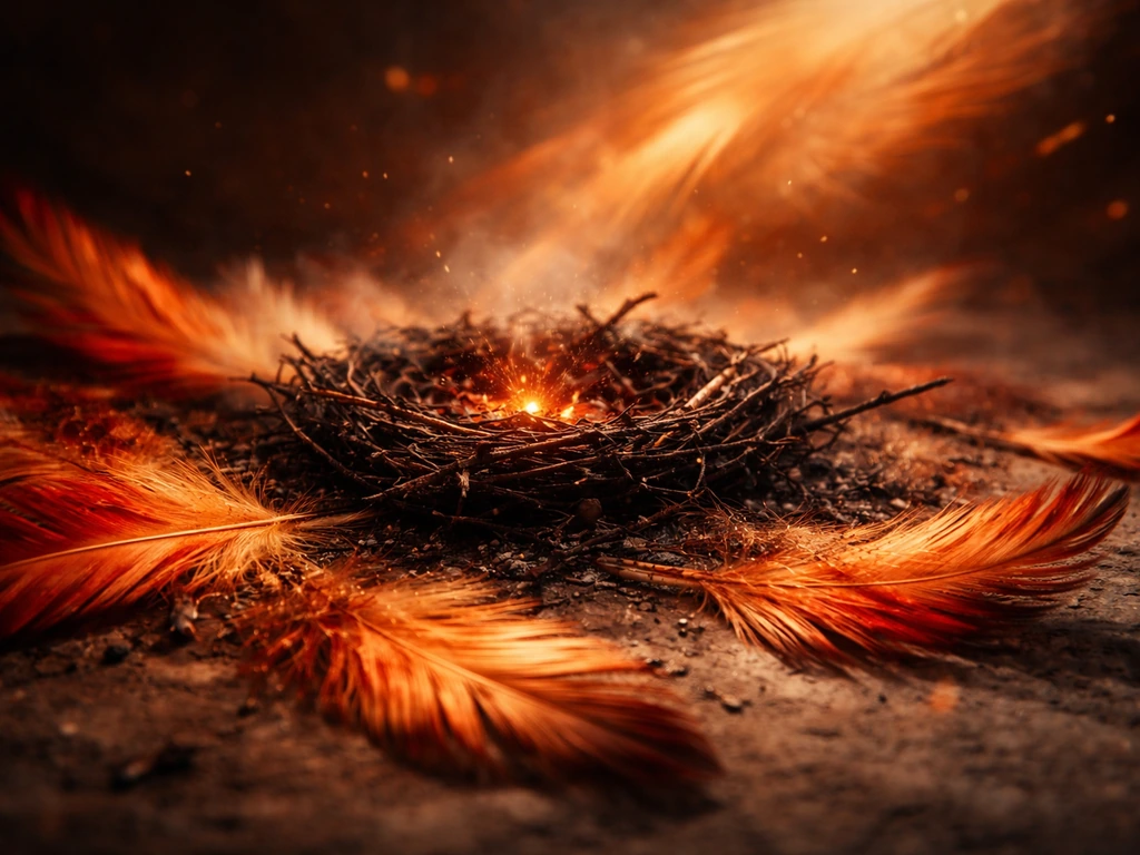 Close-up of fiery phoenix feathers over a charred nest with faint glowing embers and upward warm light.