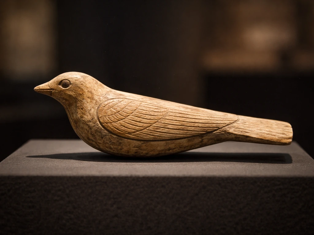 Close-up of an ancient Egyptian wooden Saqqara-style bird artifact on a museum display plinth.