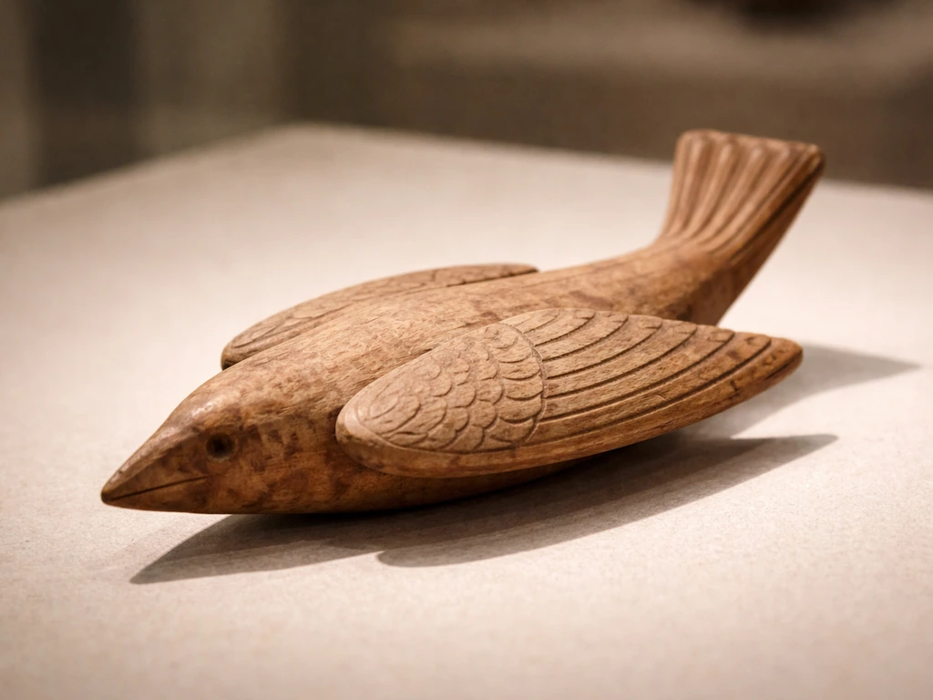 Close-up of a small carved wooden Saqqara bird artifact showing wings and tail fin details on a display surface.