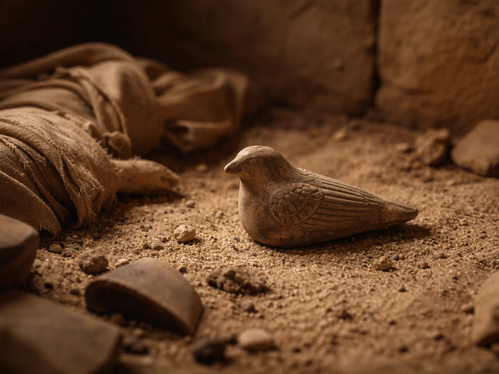 Small bird-shaped votive object placed on sand among burial items inside an Egyptian tomb.