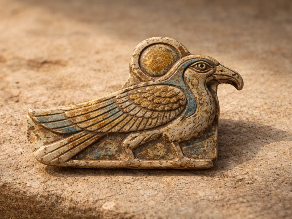 Close-up of an ancient Egyptian bird amulet motif on a weathered stone background with soft shadows