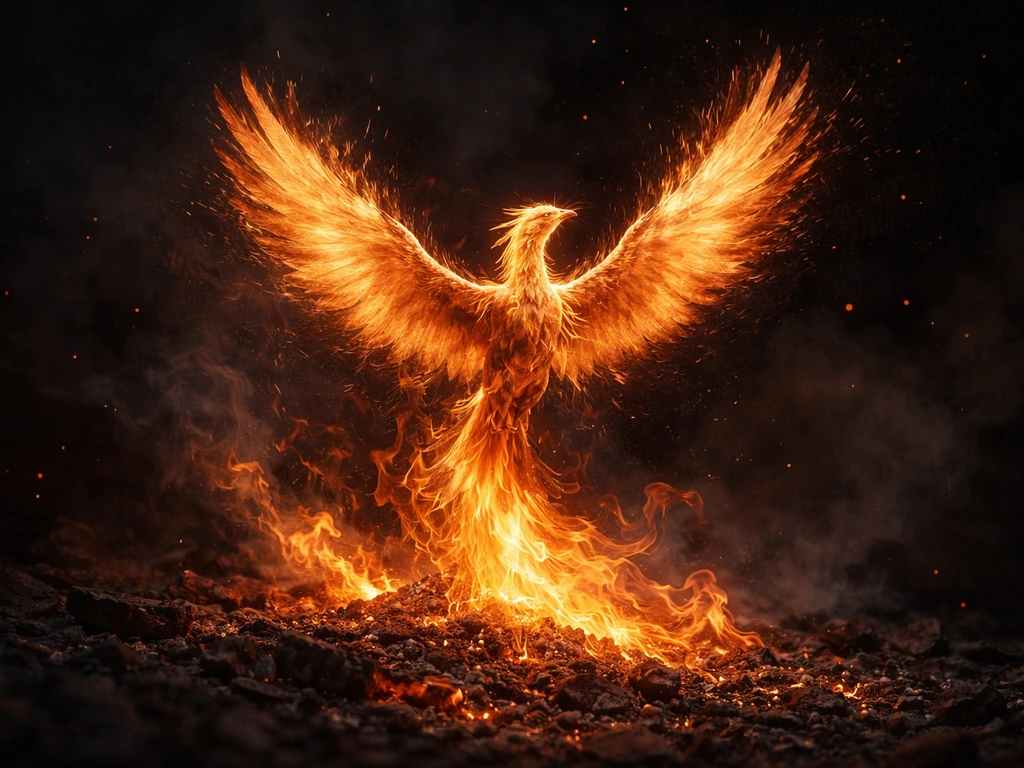 Iconic phoenix rising from glowing ashes against a dark, smoky background
