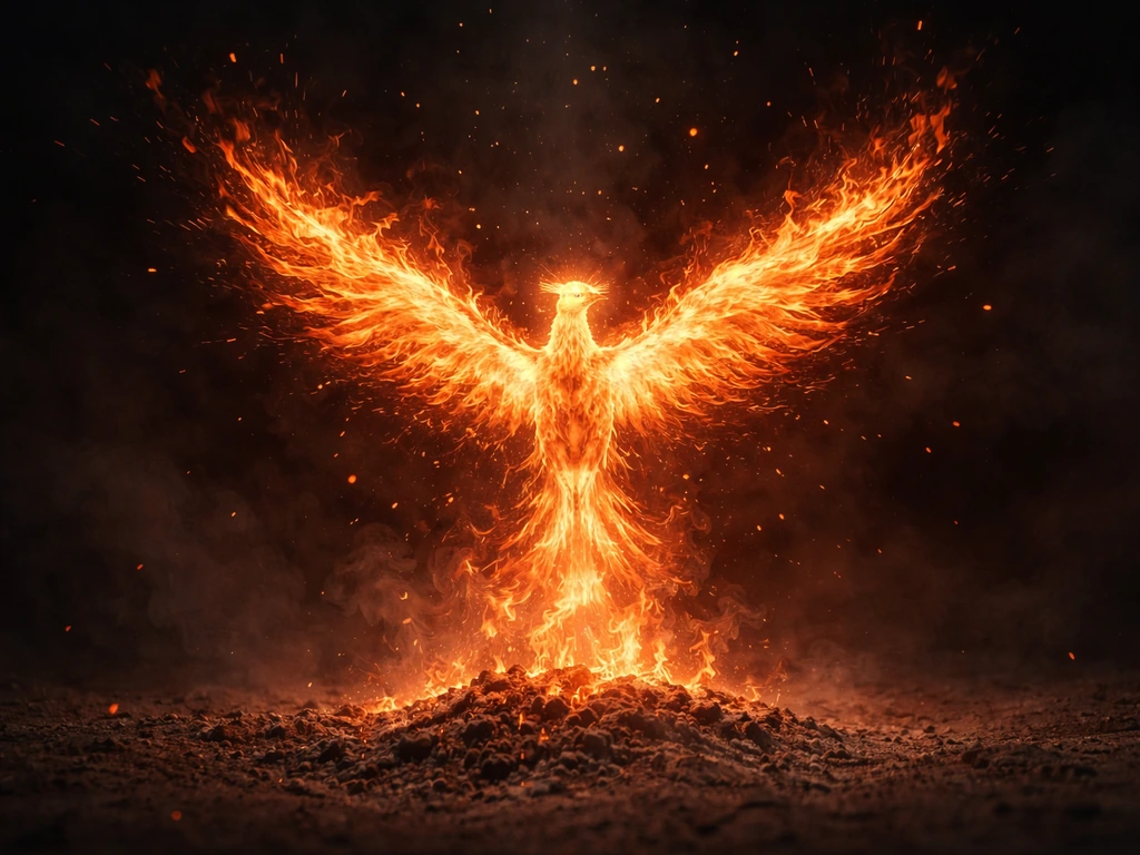 A glowing phoenix rises from embers and ashes amid swirling smoke and sparks.