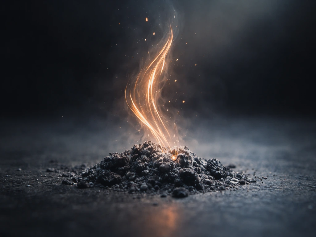 Macro close-up of ash on stone with warm glowing light rising upward, symbolizing rebirth.