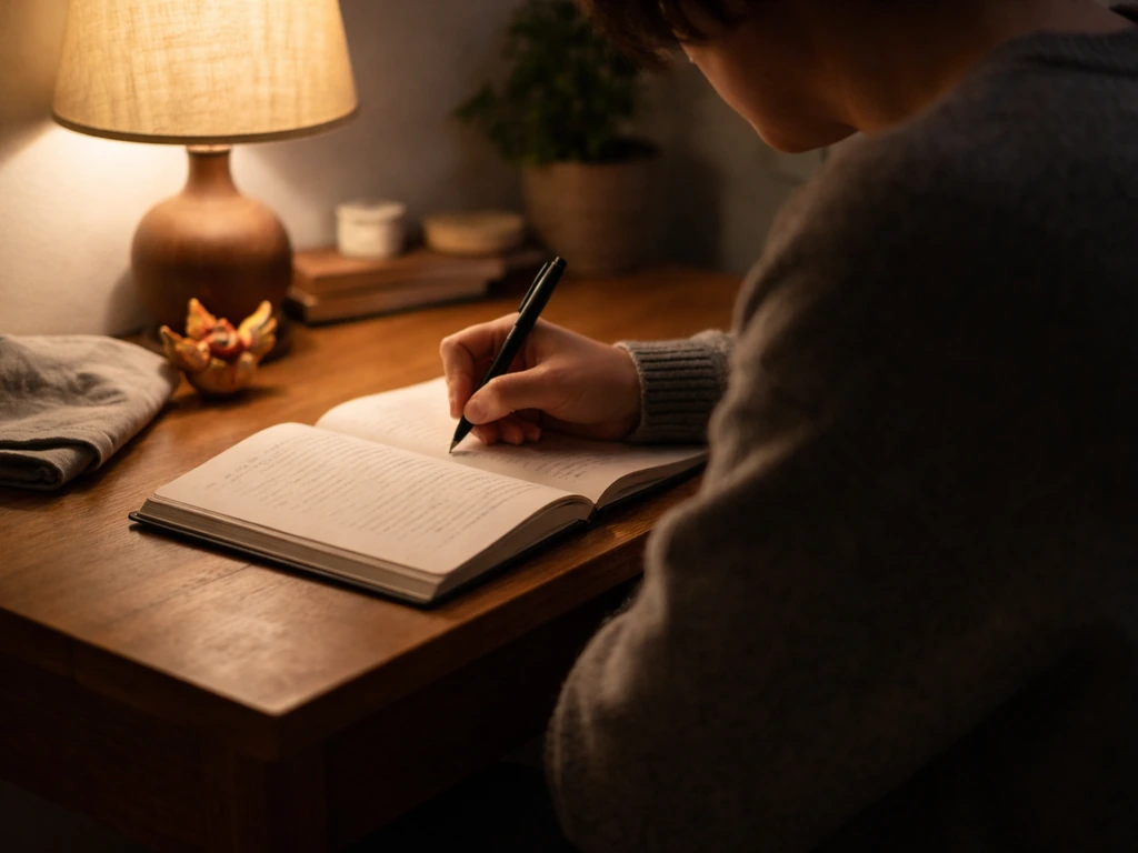 Anonymous person writing in a warm-lit journal on a quiet desk with a small phoenix charm.