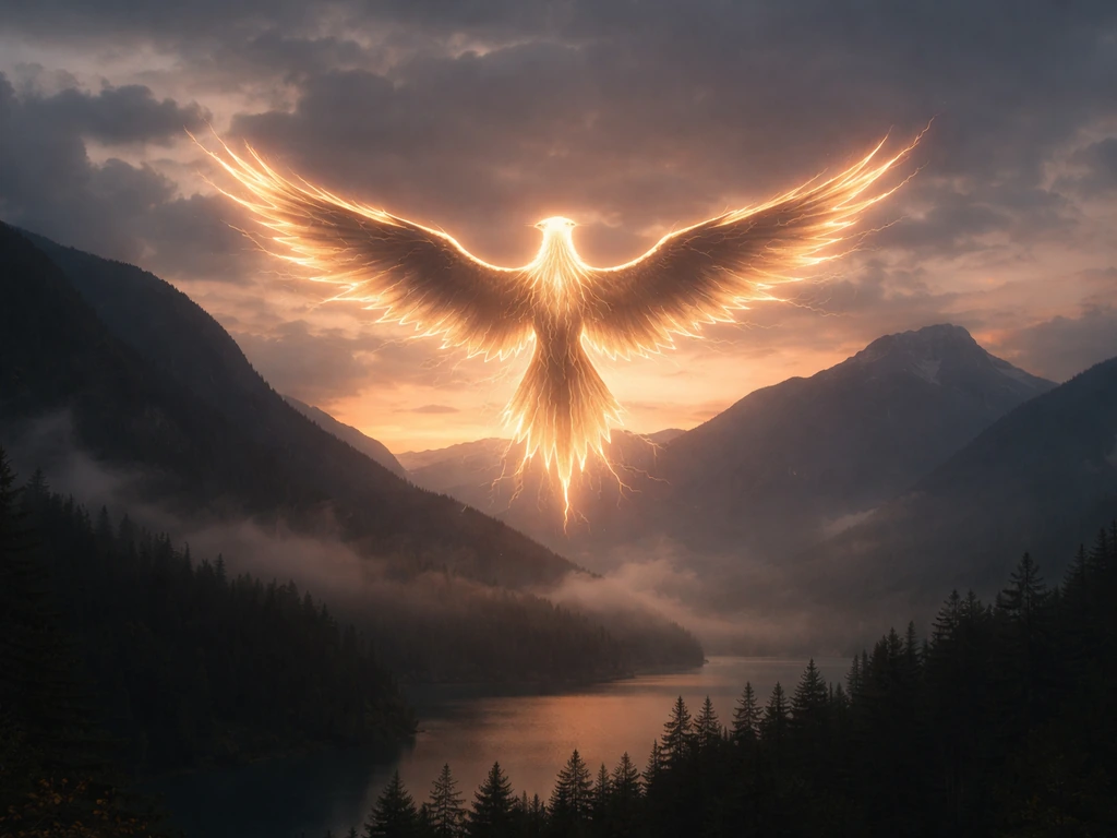 Mythic bird silhouette with glowing wings hovering above a quiet mountain landscape at dusk.