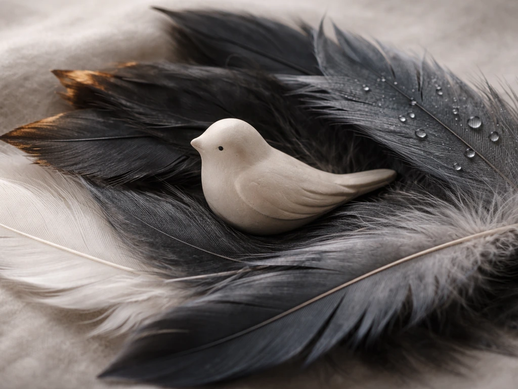 Close-up collage of feathers and a small bird figurine, with subtle burn and water motifs for legend identification