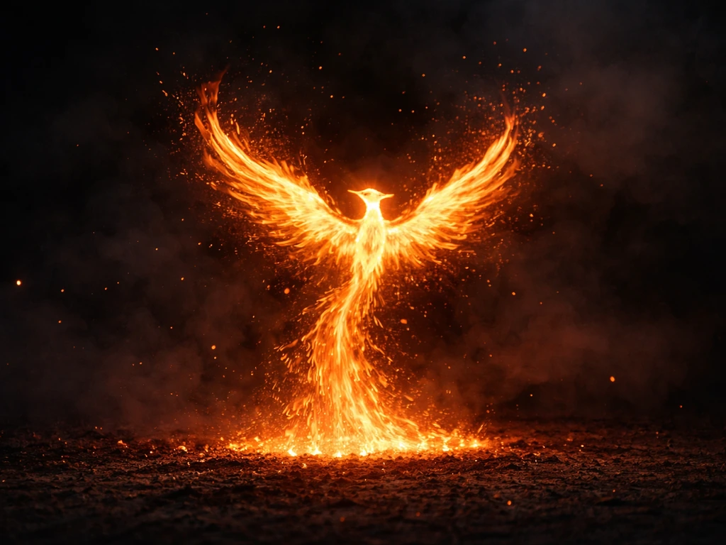 Dramatic phoenix made of fire bursting upward from glowing embers in a dark, smoky sky.