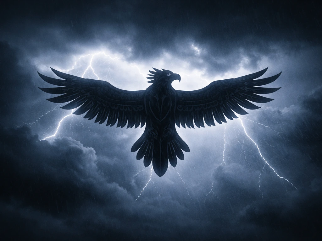 A powerful thunderbird silhouette framed by swirling storm clouds and lightning over dark clouds