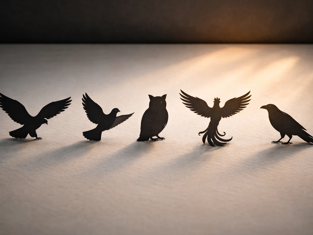 Minimal row of bird silhouettes on a dark background with symbolic mood lighting