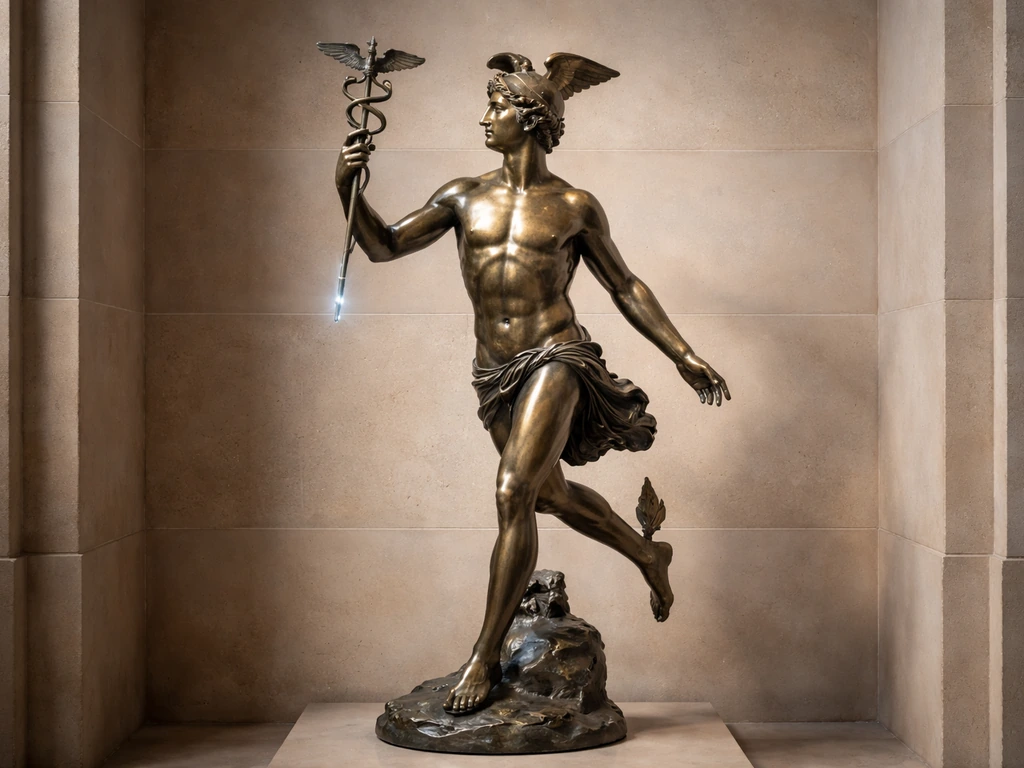 Classical bronze-style Hermes messenger figure with a winged staff and a hint of mercury-colored light