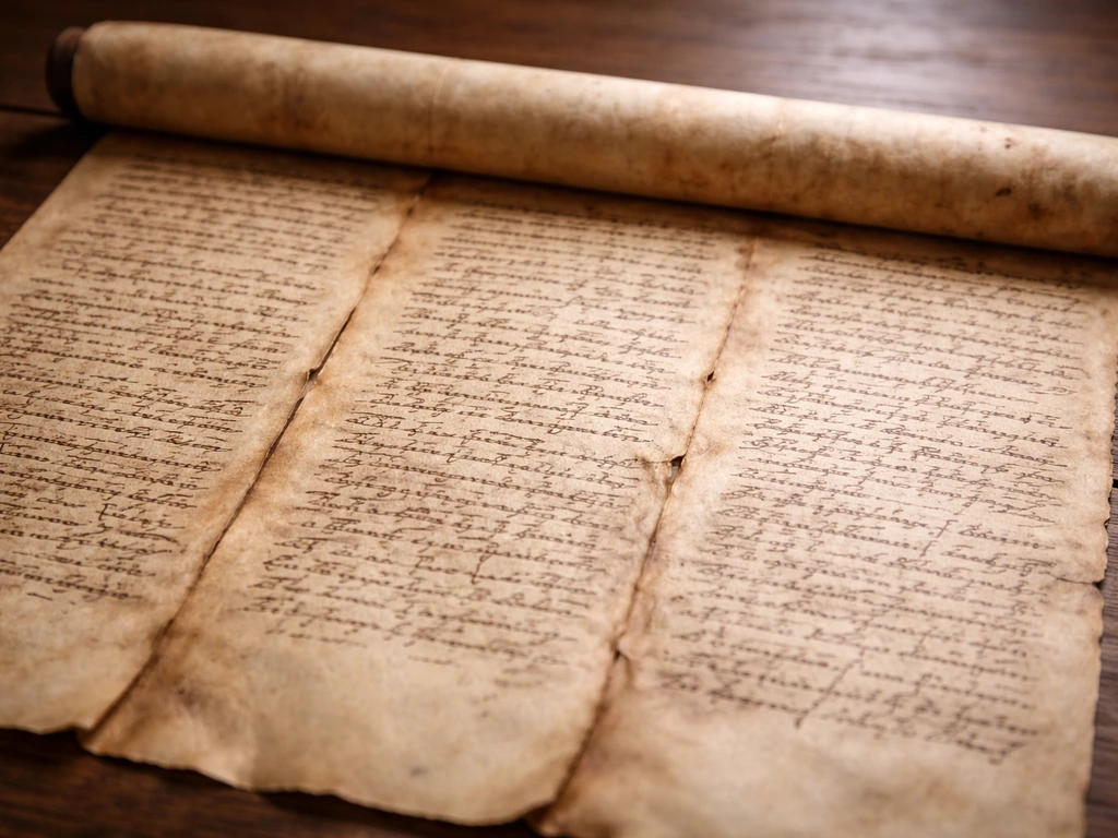 Close-up of an antique manuscript scroll with three aged panels showing varied handwritten ink styles.