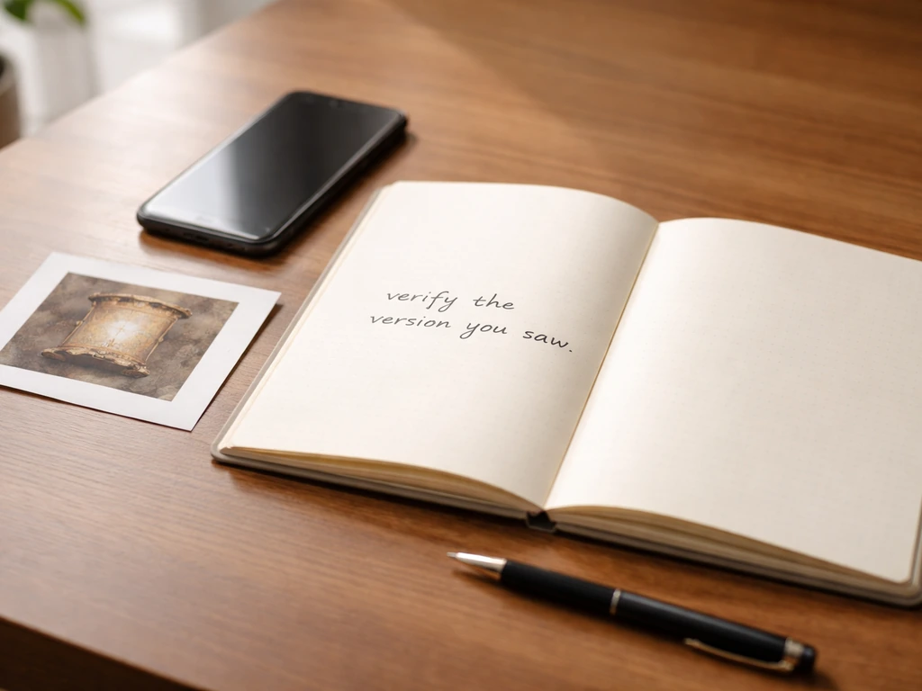 Open notebook with handwritten verification phrase beside an antique scroll reference and a pen for checking versions.