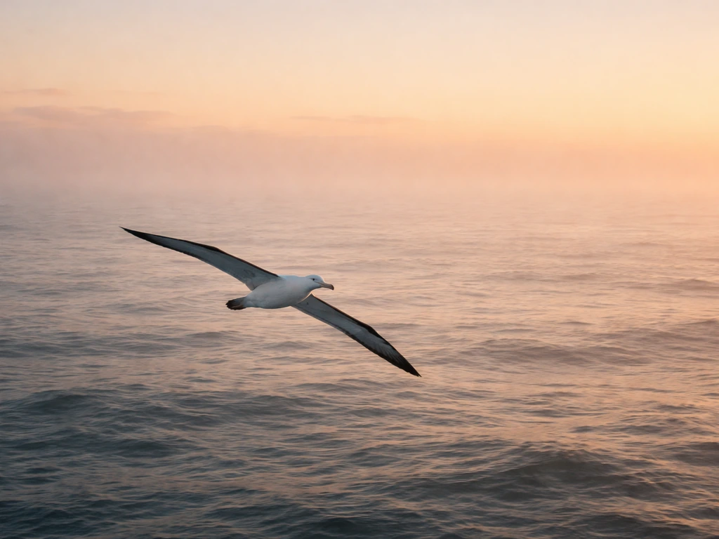 An albatross glides over a misty ocean at dawn/dusk, wings spread against a glowing horizon.
