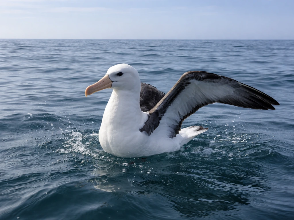 Close view of an albatross gliding over open ocean, emphasizing long-distance endurance.