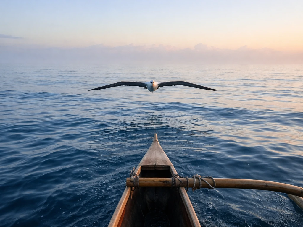 Albatross flying ahead of a small canoe over calm Pacific ocean at sunrise