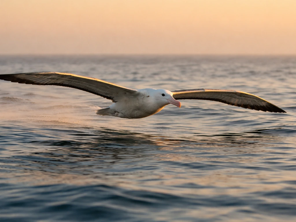 Wandering albatross with wings spread gliding over a calm ocean at golden hour.