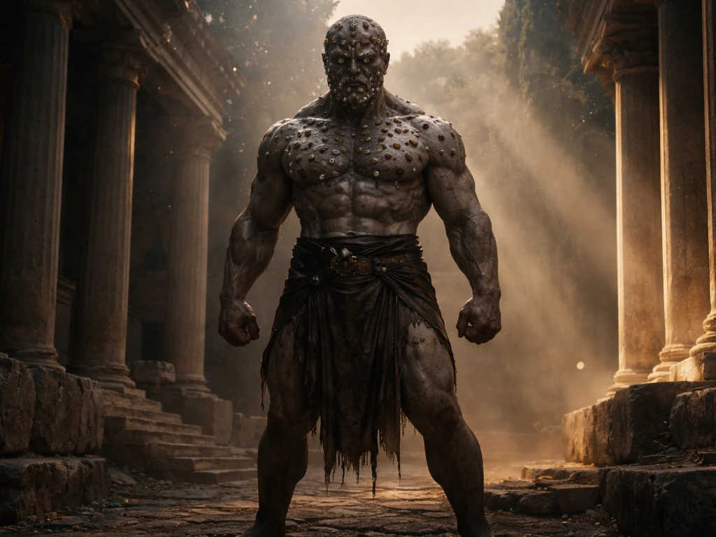 A hundred-eyed giant in an ancient stone courtyard at dusk, posed as if watching everything.