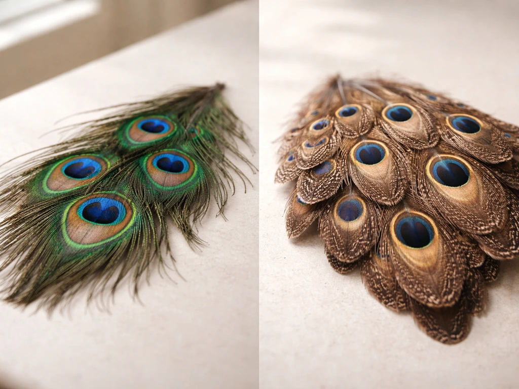 Side-by-side feathers: peacock ocelli on the left and an Argus-like pheasant wing pattern on the right.