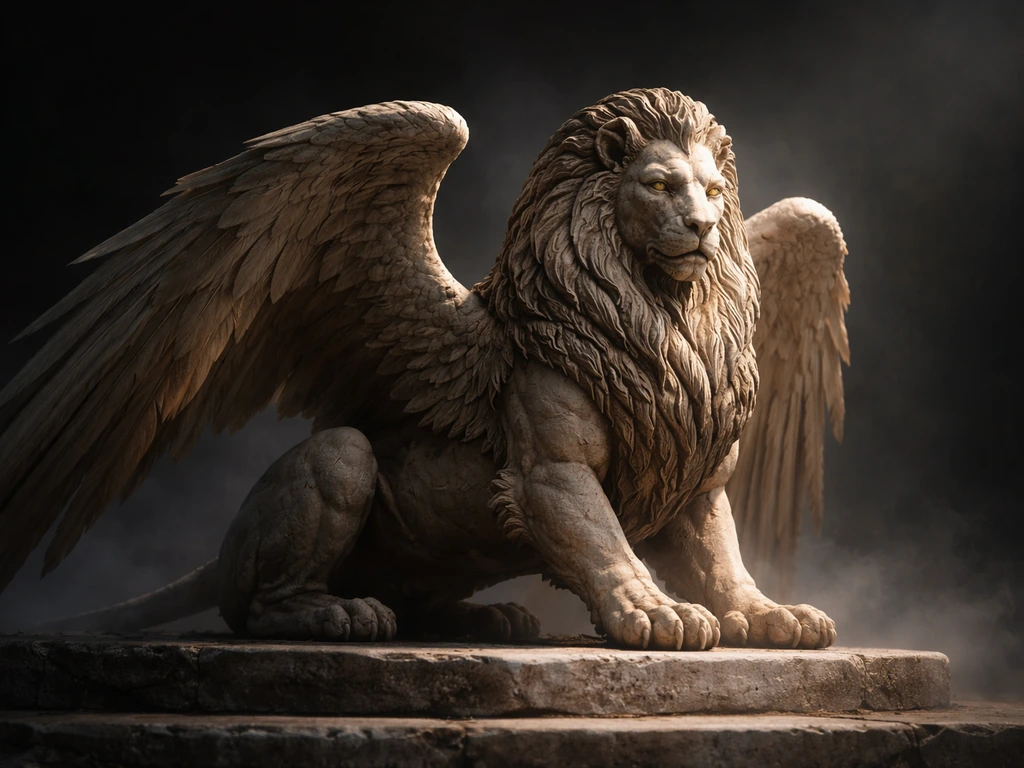 Lion-sphinx guardian with bird wings perched on a threshold-like stone base against a dark, misty background.