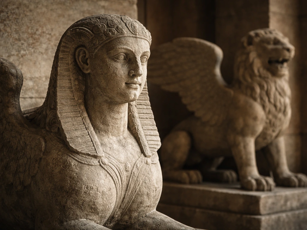 Two stone guardian hybrid sculptures resembling a sphinx, shot side-by-side in natural temple light.