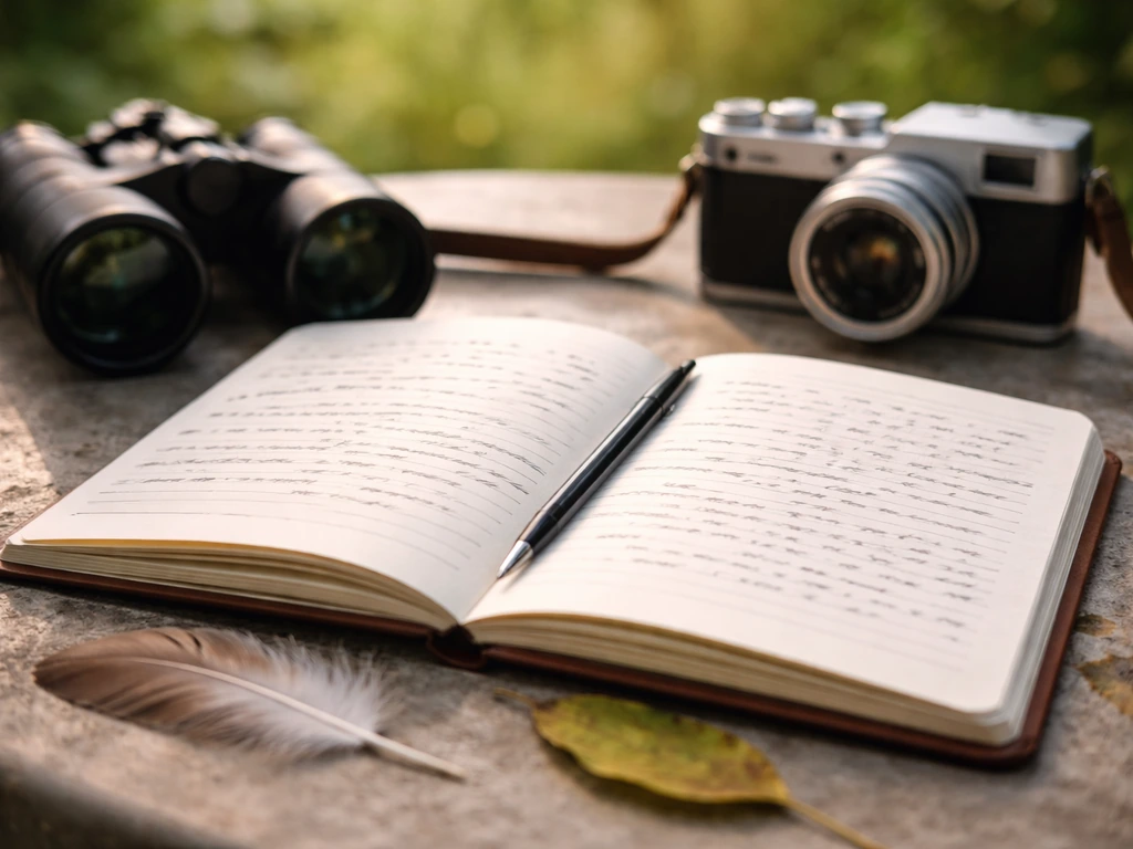 Open notebook with blank prompt-like lines beside binoculars and a camera during a bird-watching moment.