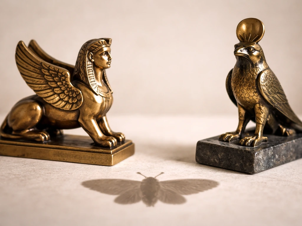Side-by-side sphinx emblem, Egyptian sacred bird figurine, and a small moth-shaped shadow on stone.