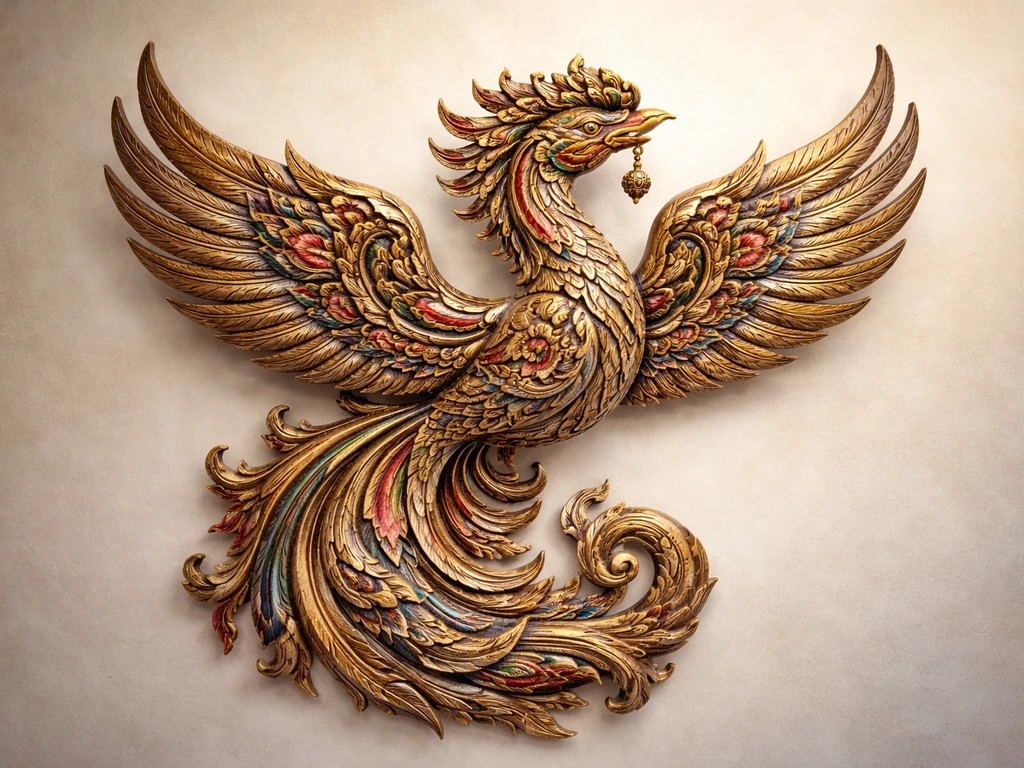 Ornate mythical Sarimanok-style bird with Maranao okir-like motifs on a simple background.