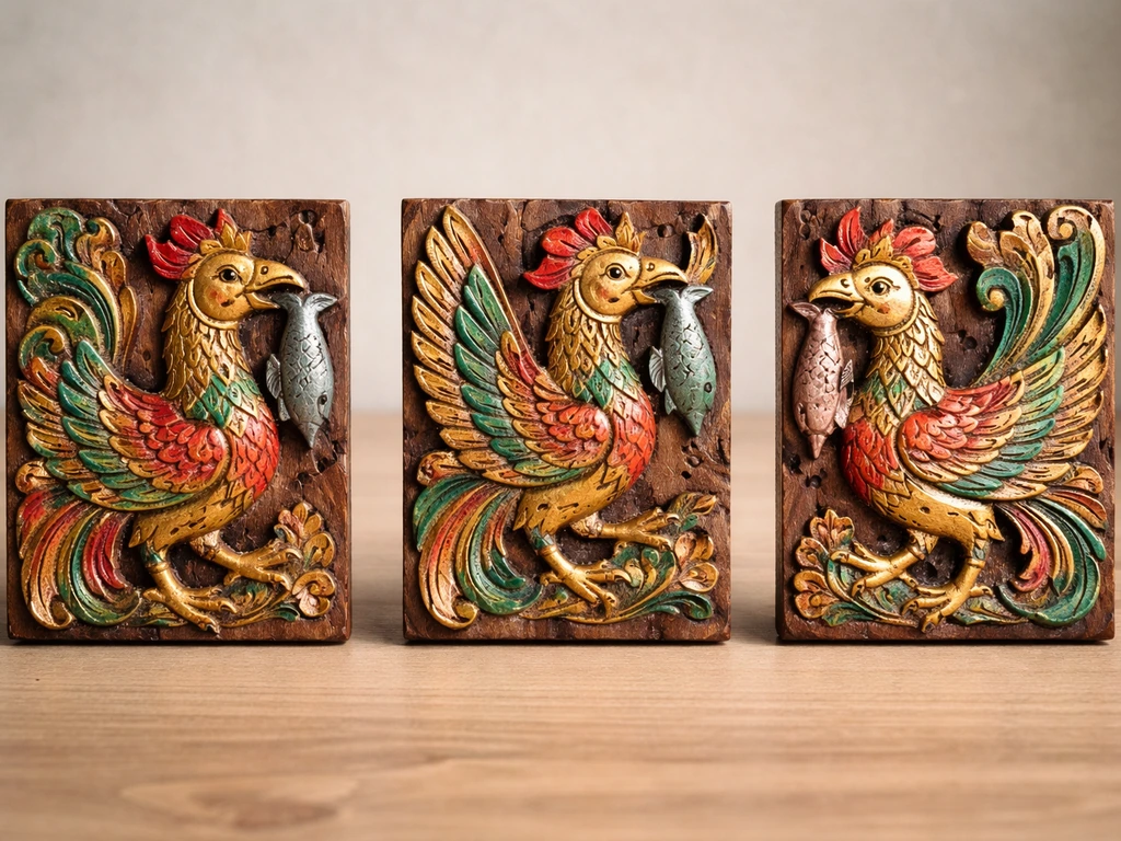 Minimal side-by-side close-ups of three traditional Sarimanok carvings showing variant beaks, wings, and carried fish.