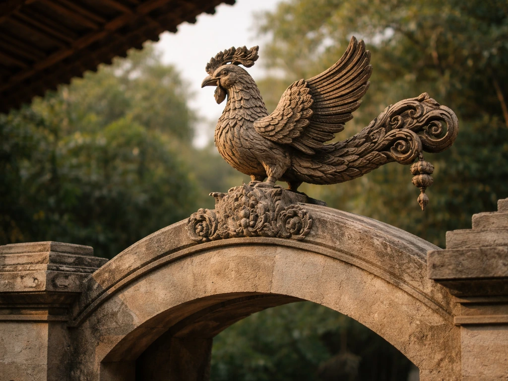 Carved Sarimanok-like bird perched atop a temple gate crest, wings spread, showing elevated flight symbolism.