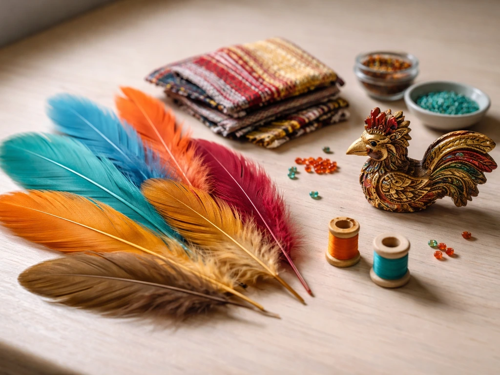 Assorted colorful feathers and craft beads beside a small Sarimanok motif on a simple tabletop.