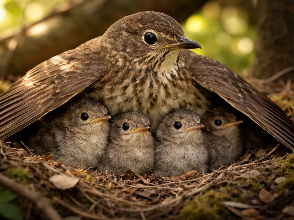 A mother bird sheltering her chicks under her wings in a quiet nest.