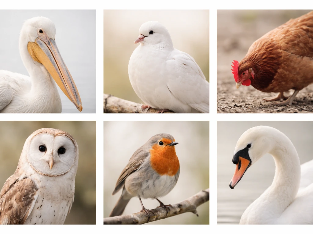 Minimal collage of motherhood-symbol bird silhouettes and close-ups: pelican, dove, hen, owl, robin, swan.