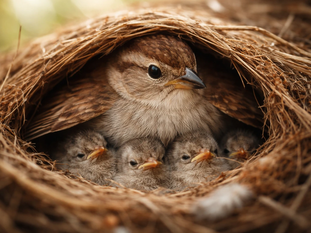 Mother bird in a twig-and-grass nest cradle with chicks tucked beneath her protective body.