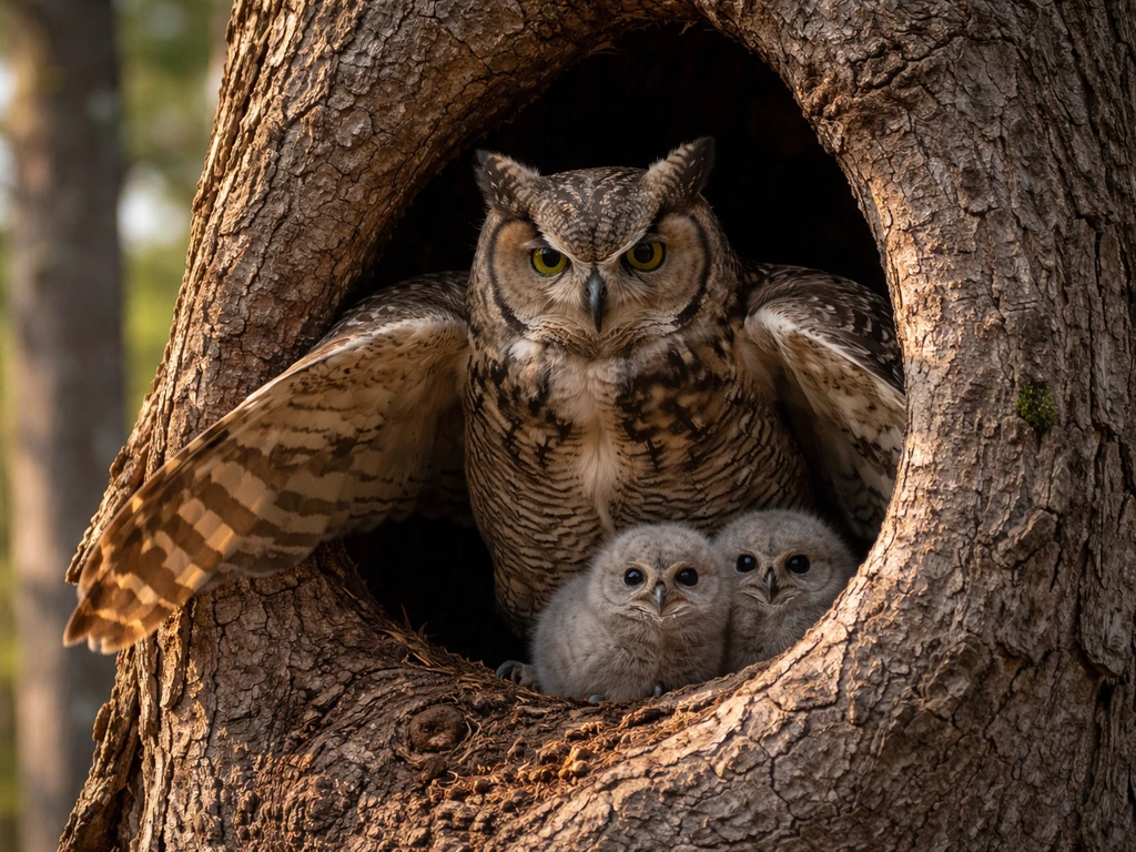 Mother owl vigilantly guarding two chicks in a tree hollow nest entrance