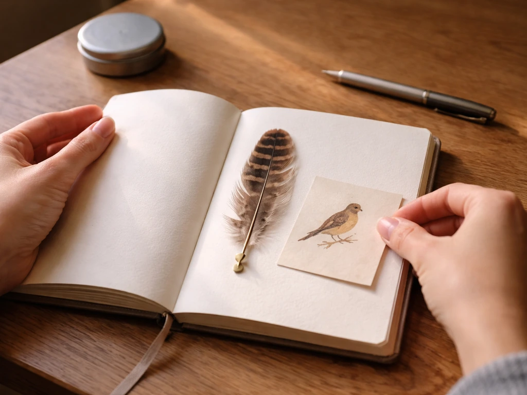 Hands pin a feather to a blank journal page beside a small bird-motif card on a wooden table.