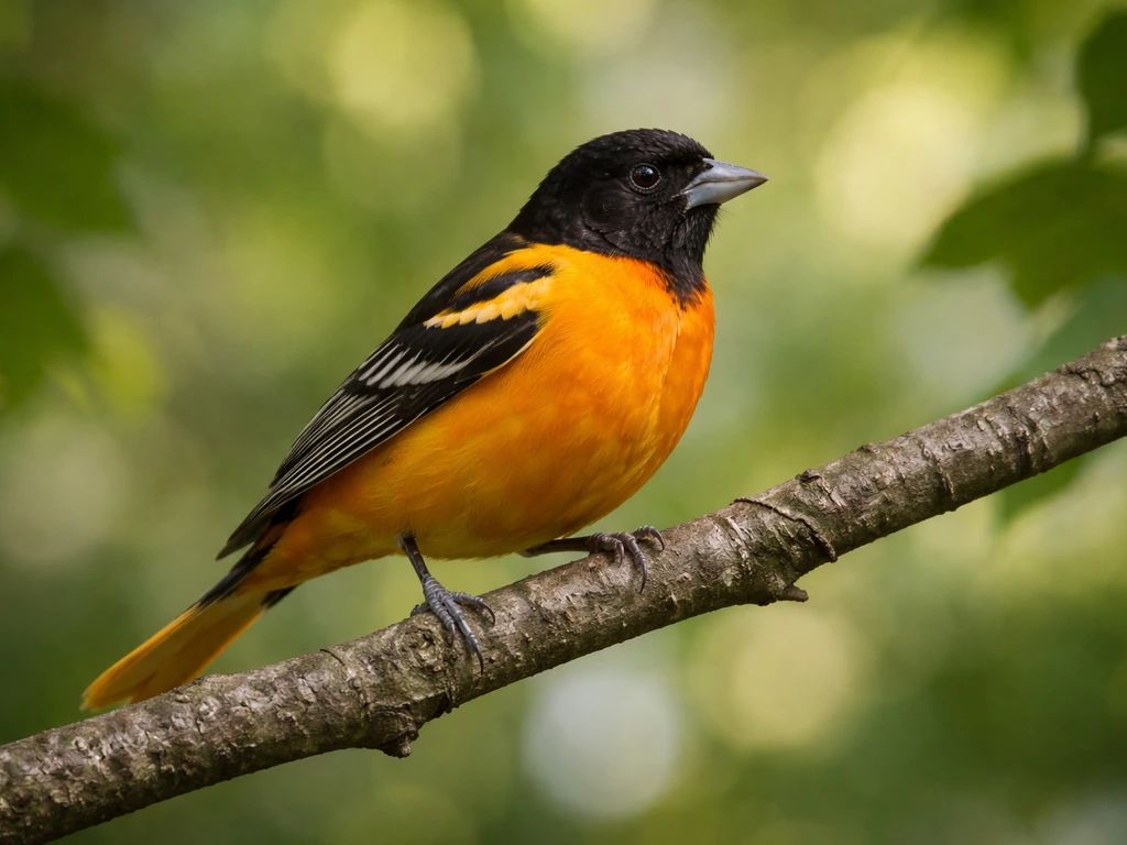 Male Baltimore oriole perched in sun-dappled branches, vivid colors and alert posture suggesting hope and joy.