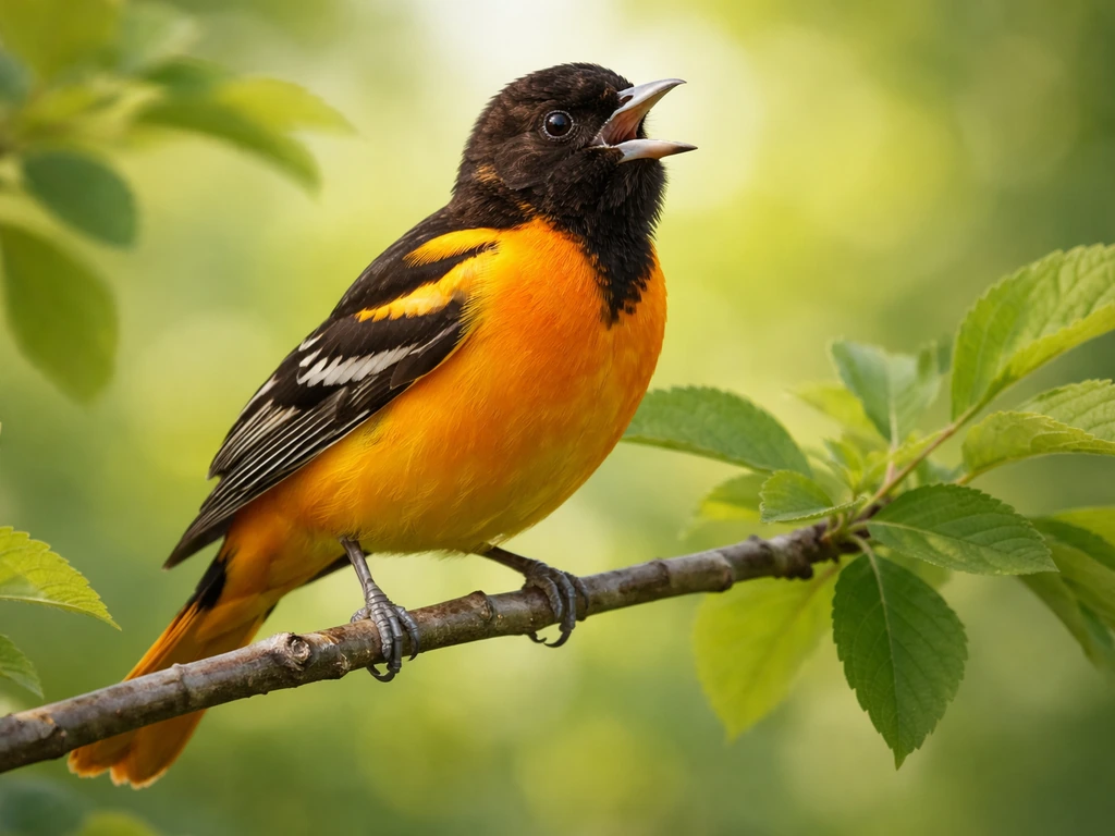 Close-up of a bright orange-and-black oriole perched on a leafy branch in soft morning light.